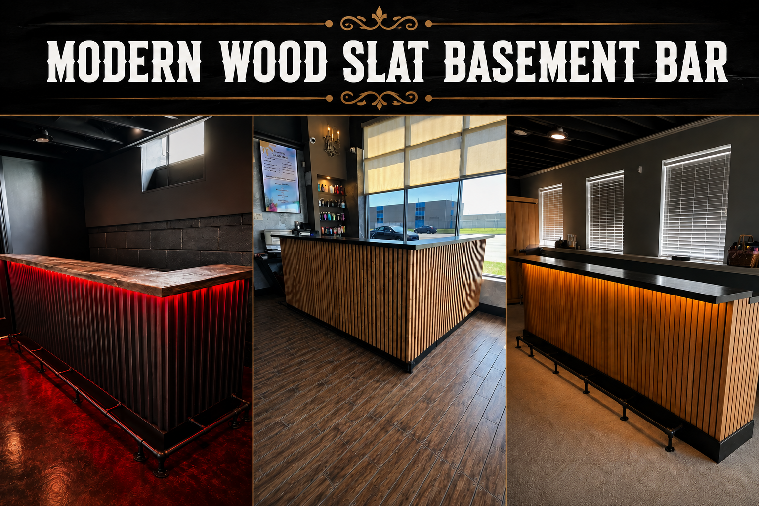 Collage of three images showcasing different modern wood slat basement bar designs with wooden counter surfaces and sleek decor.