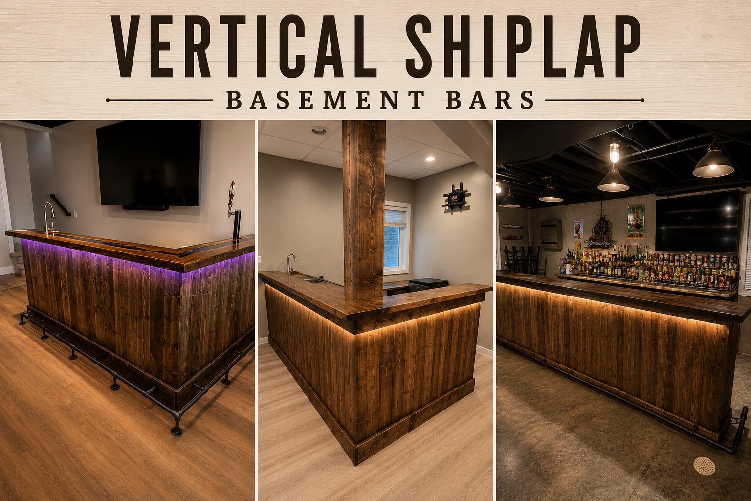 Three different views of wooden basement bars with lighting accents at Vertical Shiplap Basement Bars.