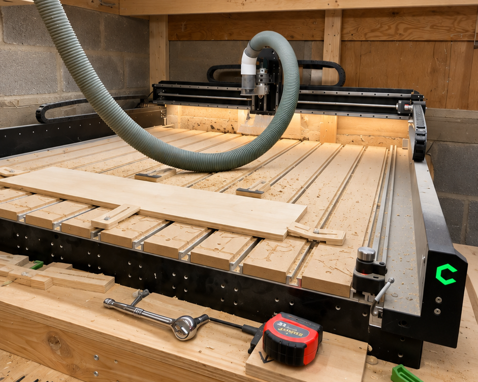 A CNC router machine carving a wooden piece in a workshop.
