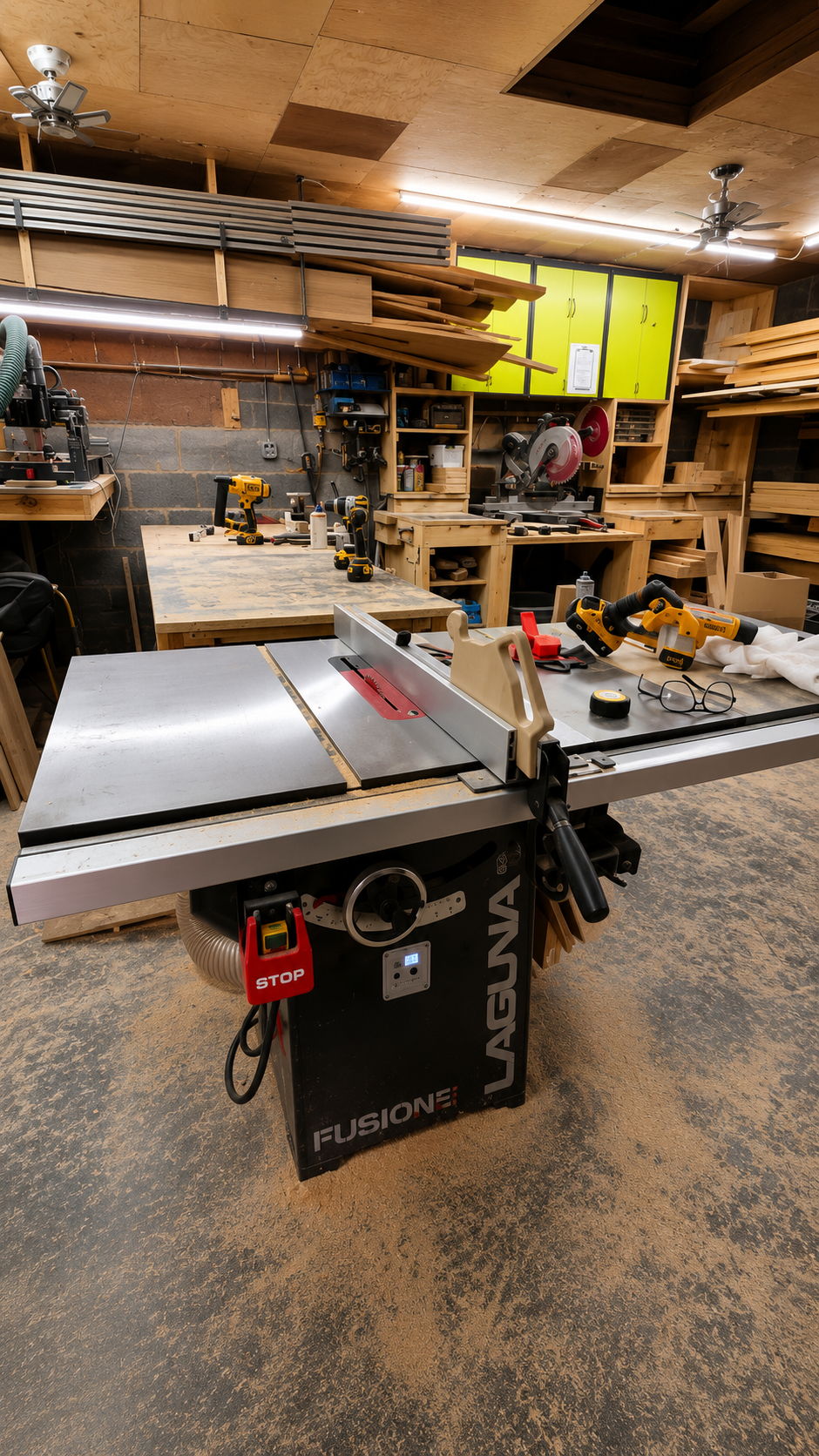 Woodworking workshop with tablesaw, power tools, woodworking materials, and storage shelves.