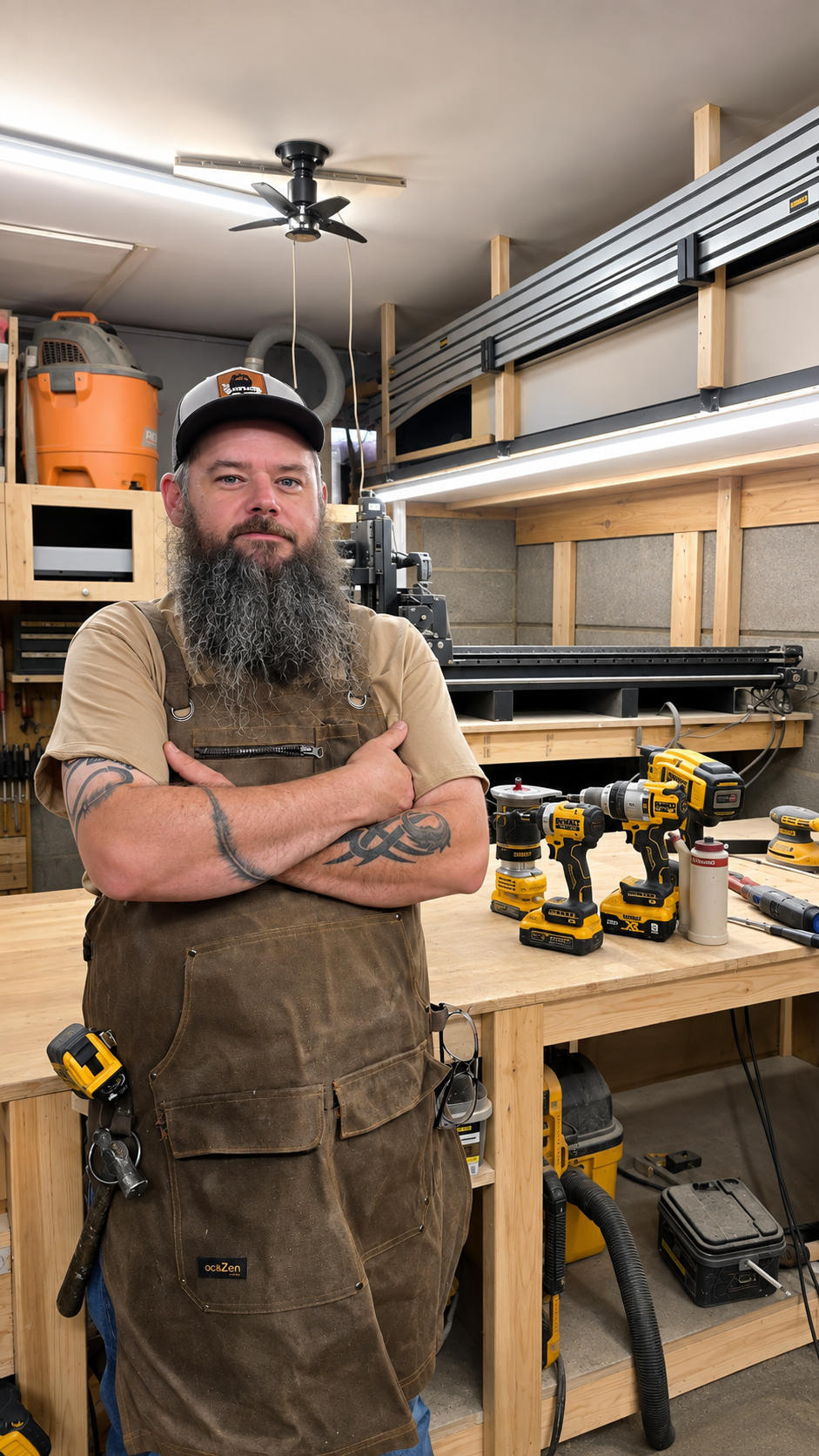 A man with a beard and tattoos standing in a woodworking shop, wearing a brown apron and a cap, with his arms crossed. The shop has power tools and a workbench with various tools on it, including drills and a cordless impact driver, with a CNC machine behind him.