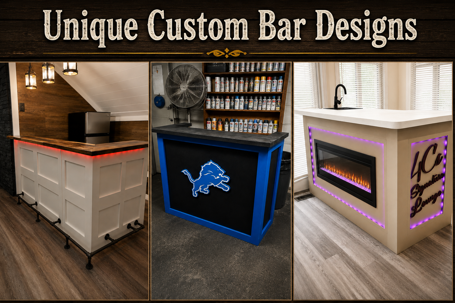 Collage of three custom bar designs with different styles and lighting features.