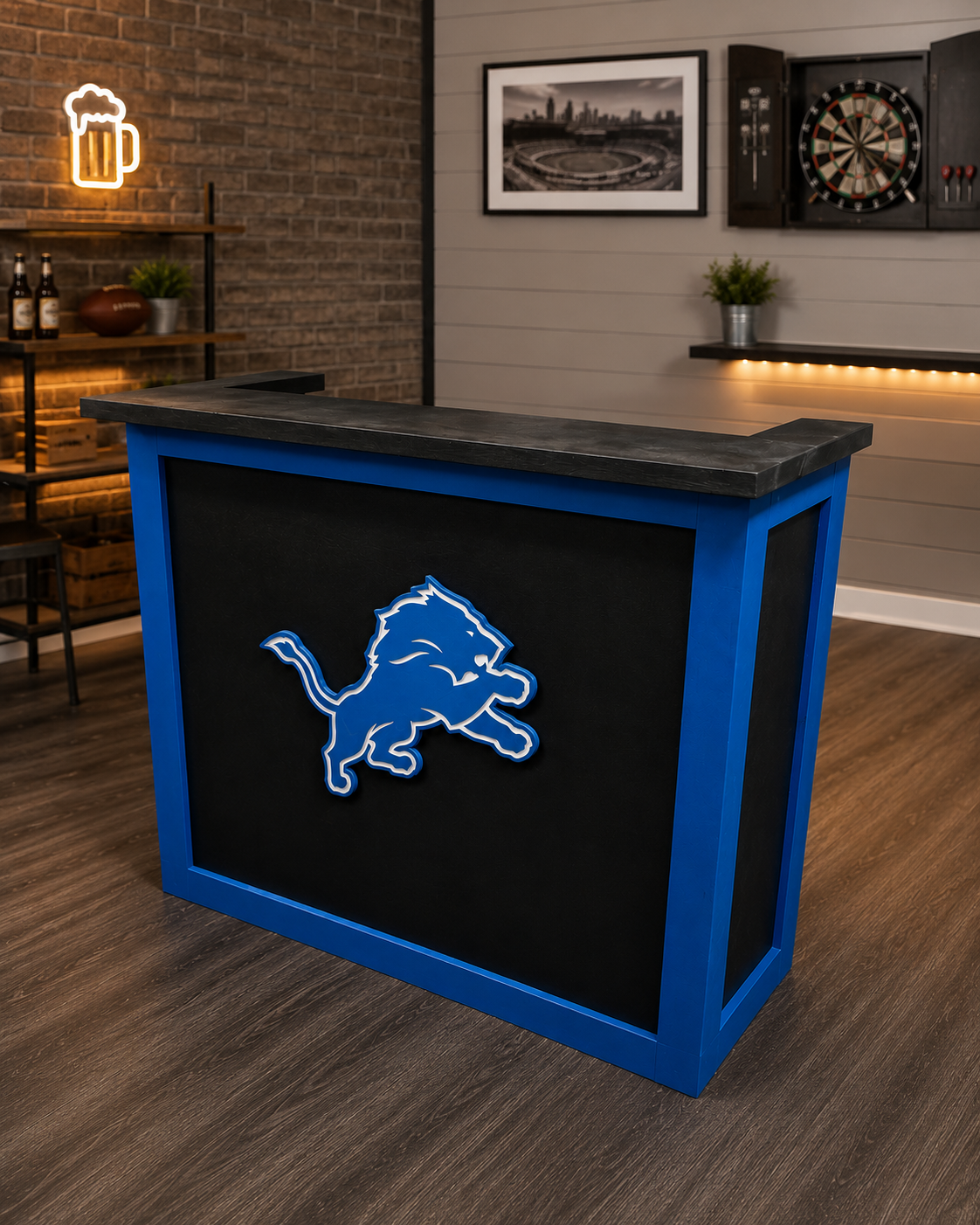 Modern Flat Panel Detroit Lions Custom Bar w/ Stained and Finished Pine Tabletop