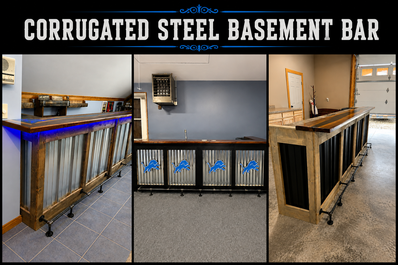 Three images of custom-made bar counters with Detroit Lions logos, made from corrugated steel and wood, located in different indoor settings.