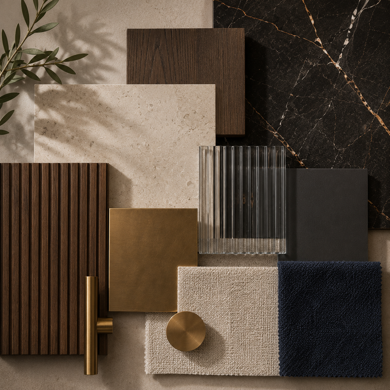 Arrangement of various interior design materials including wood, stone, metal, glass, and fabric samples with a leafy plant in the top left corner.