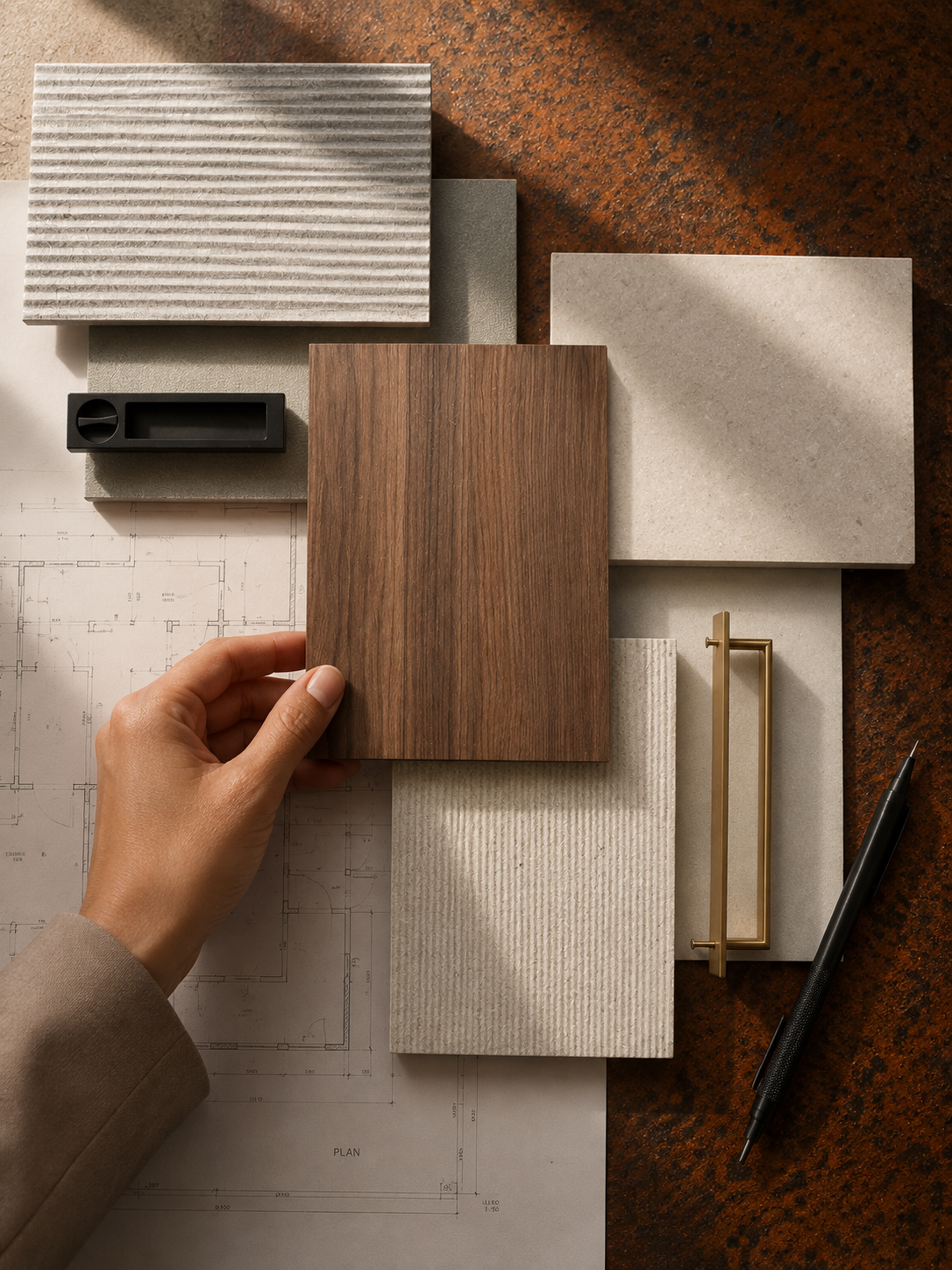 A person's hand holding a wood-textured sample tile over a layout of architectural blueprints, with various tile and countertop samples, a black adhesive remover, a gold-colored handle, and a black pen on a dark brown countertop.