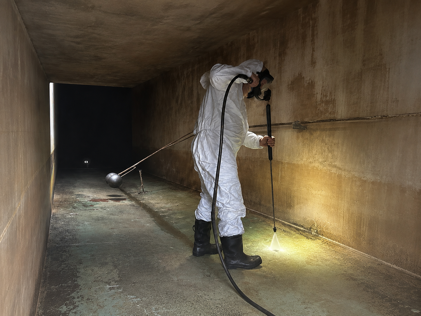 OES technician in protective equipment performing specialized environmental work in a confined space.