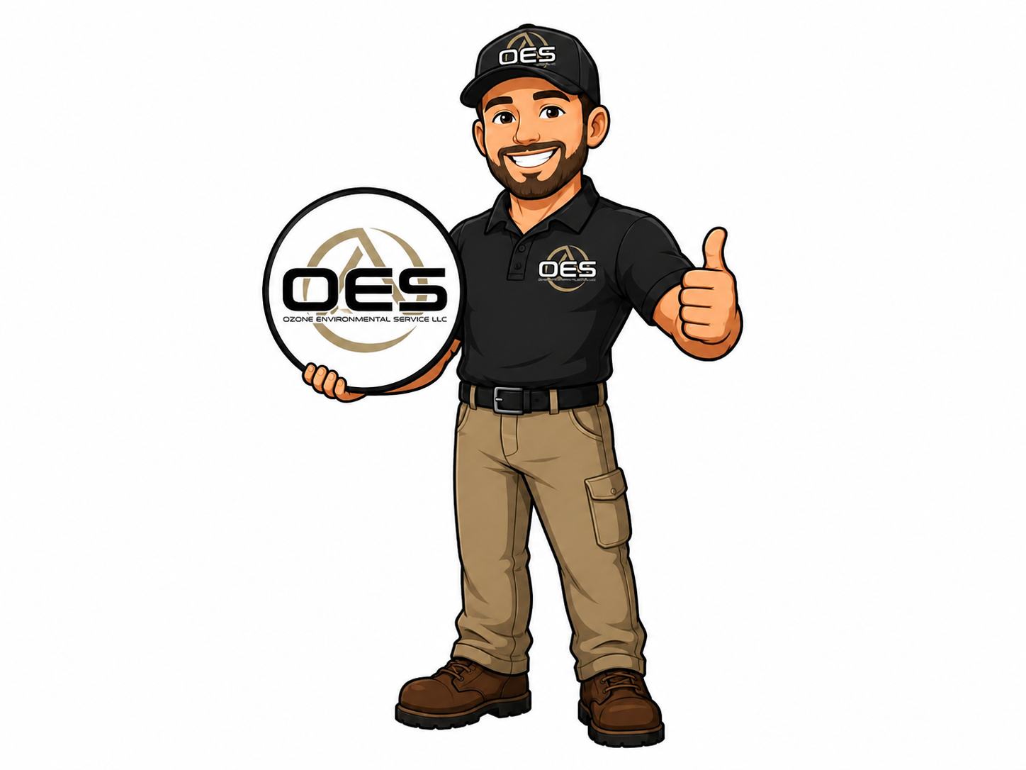 OES environmental service team character holding the company logo.