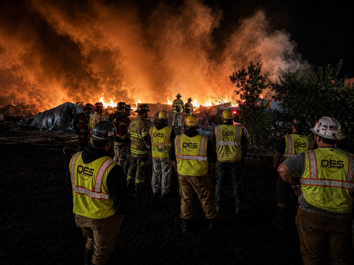 OES environmental response crew supporting an emergency incident involving fire at night.