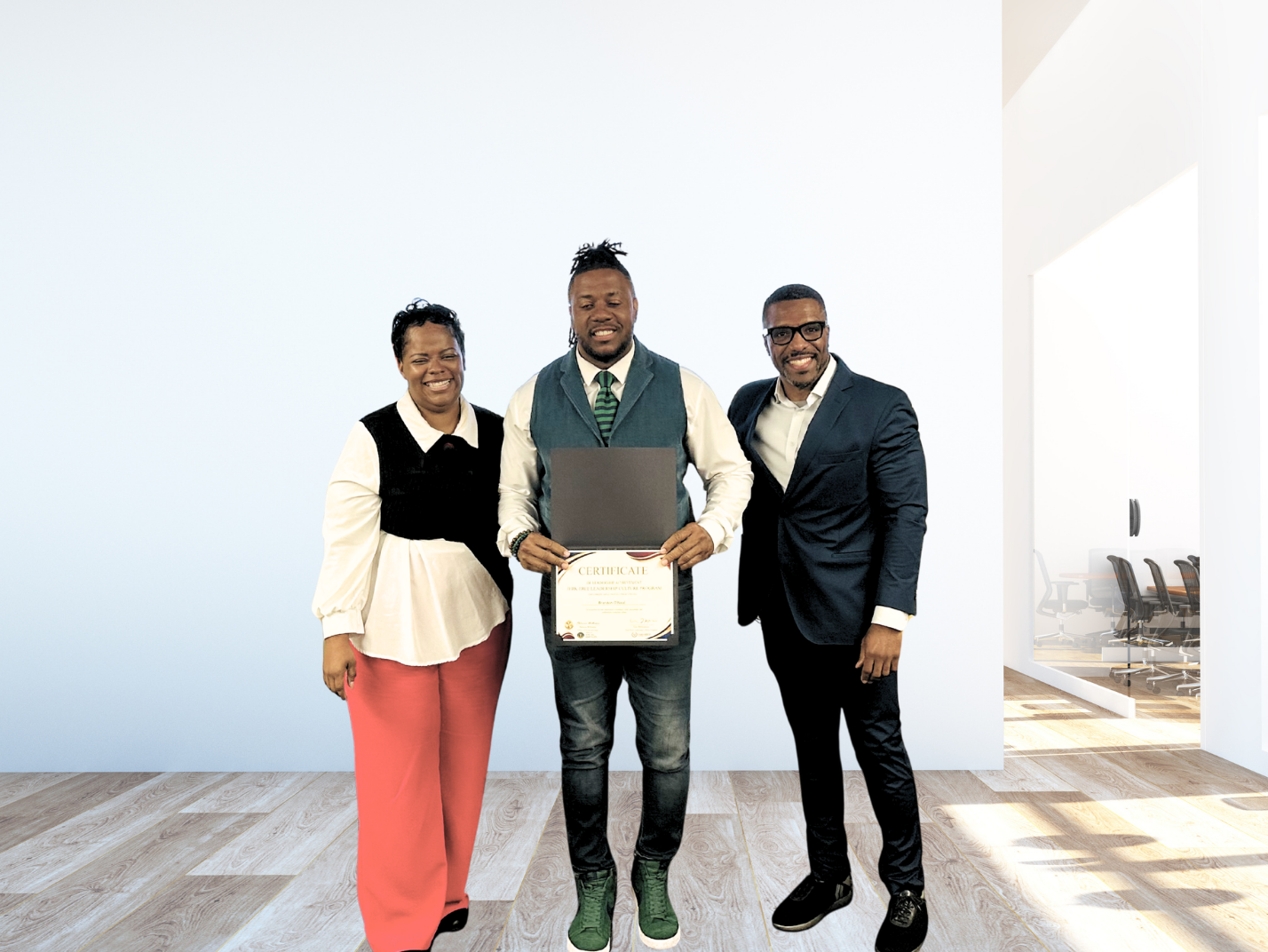 Three people standing in a bright room, one holding a certificate, all smiling for the photo.