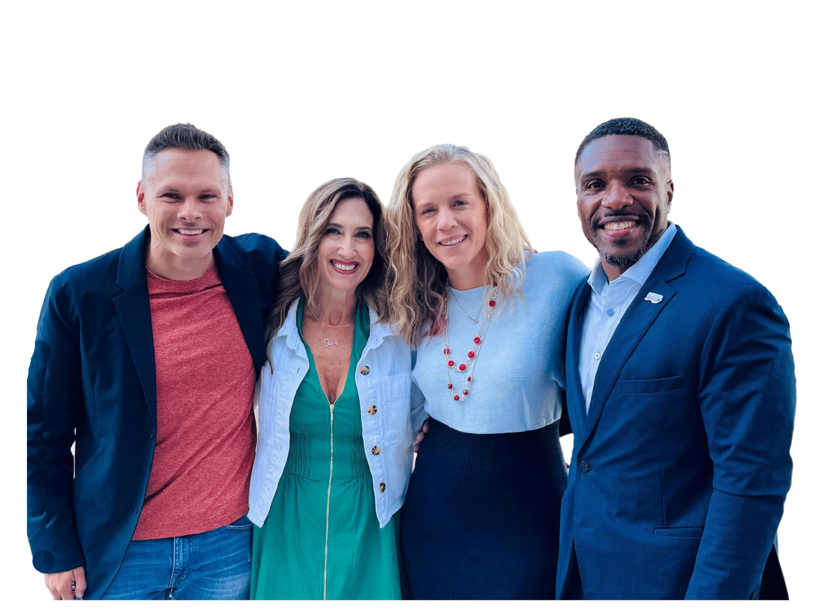 Four diverse smiling adults standing with arms around each other, dressed in business casual and casual clothing, against a white background.