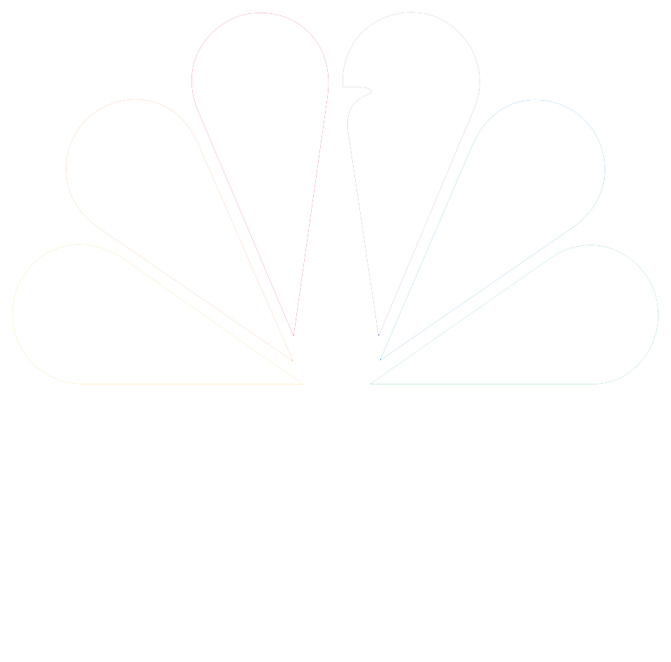 NBC peacock logo with outline of colored feathers on a black background.