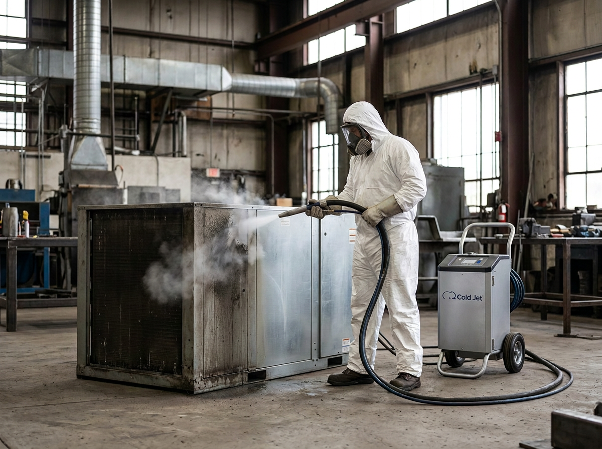 Worker in coveralls and respirator uses dry ice blasting to remove dirt and grease from HVAC unit