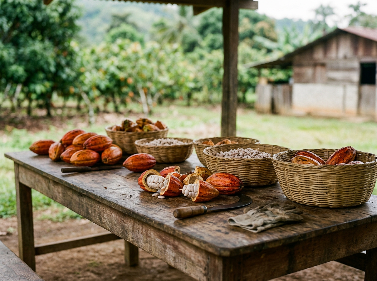 Cesta y caracoles de cacao en una mesa de madera en un entorno rural con plantas verdes y un edificio de madera al fondo.