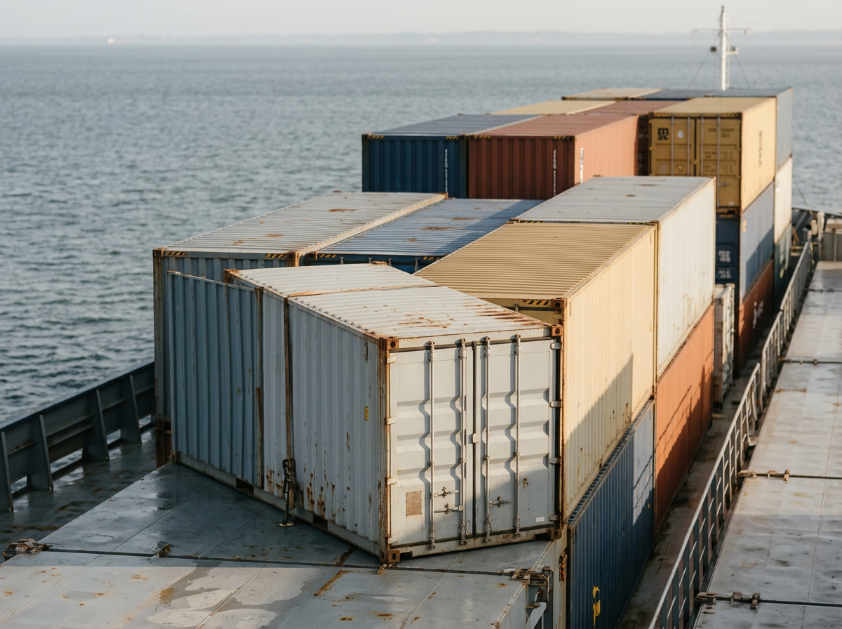 Contenedores de carga en un barco en el mar.