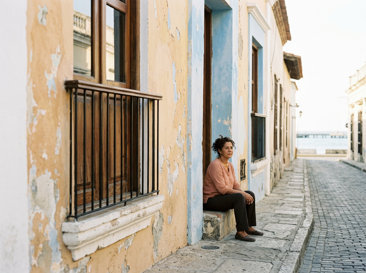 Mujer sentada en la acera frente a casas con paredes desgastadas y ventanas con rejas, calle empedrada y vista al mar en el fondo.