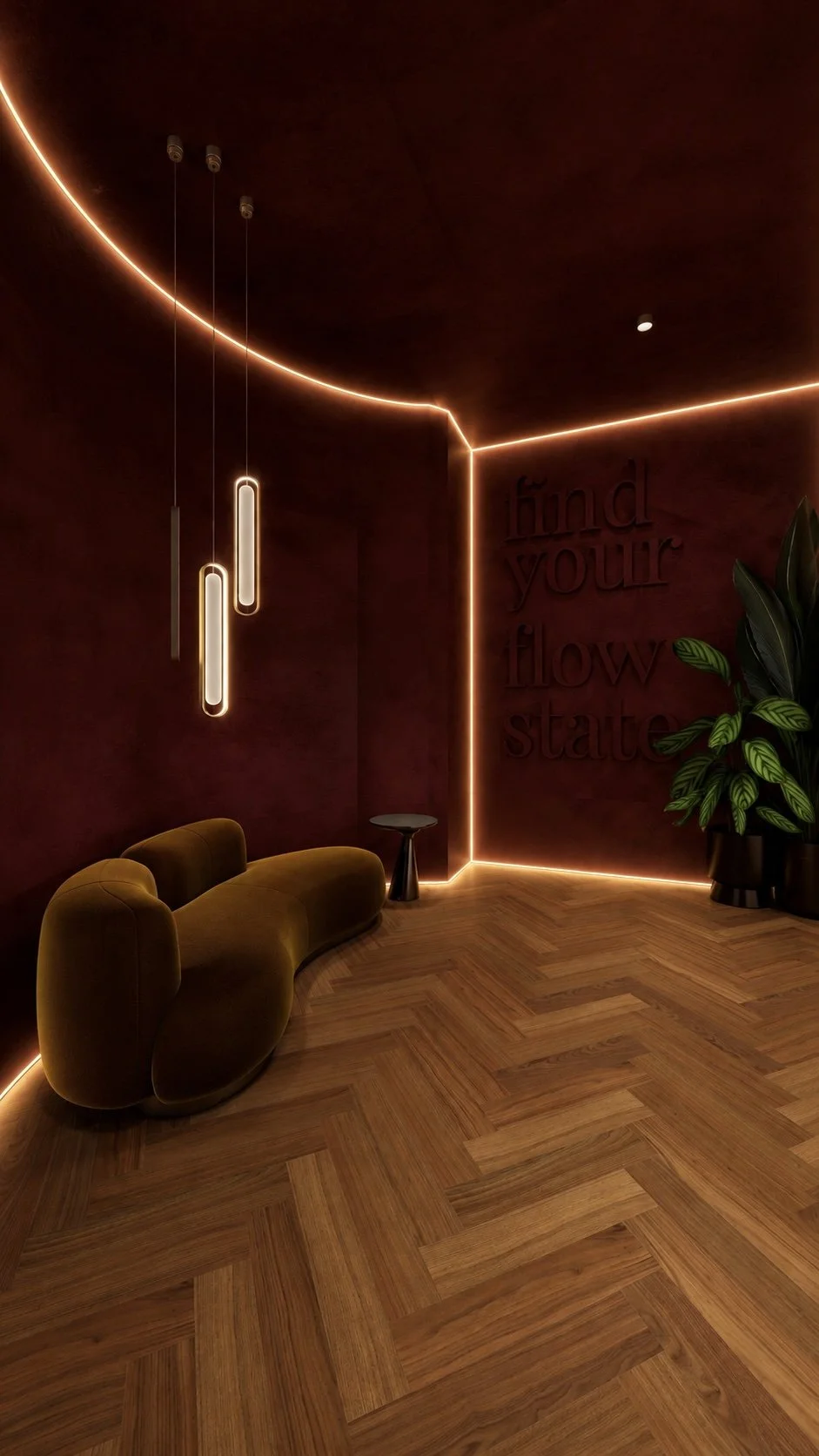 Modern interior with a curved yellow sofa, pendant lights, a large green potted plant, and neon lighting along the ceiling and wall. The wall has the phrase 'find your flow state'.
