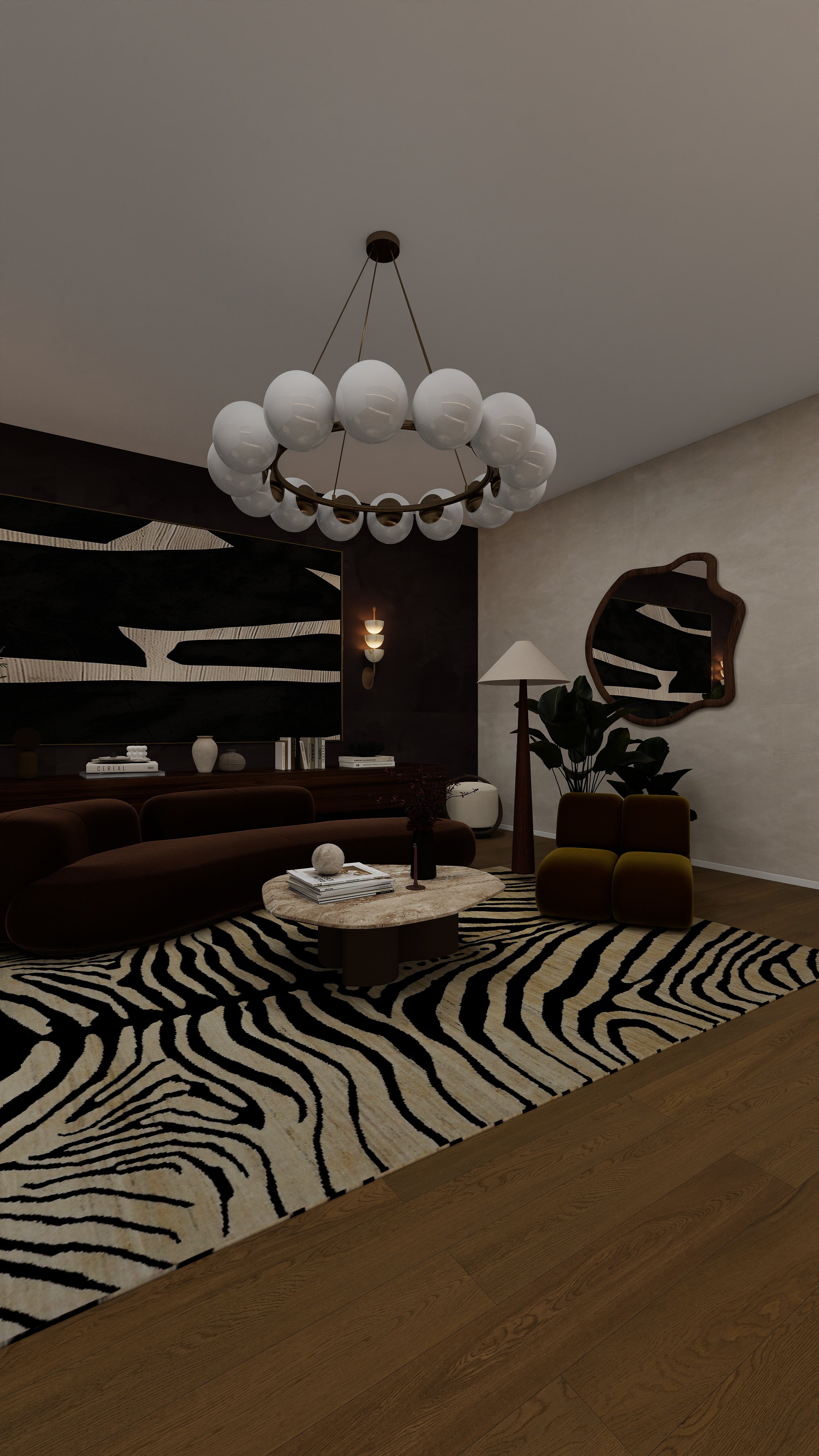 Living room with modern decor, zebra print rug, brown sofa, round coffee table, yellow and black chairs, large wall art, floor lamp, mirror, plants, and chandelier with white spherical bulbs.