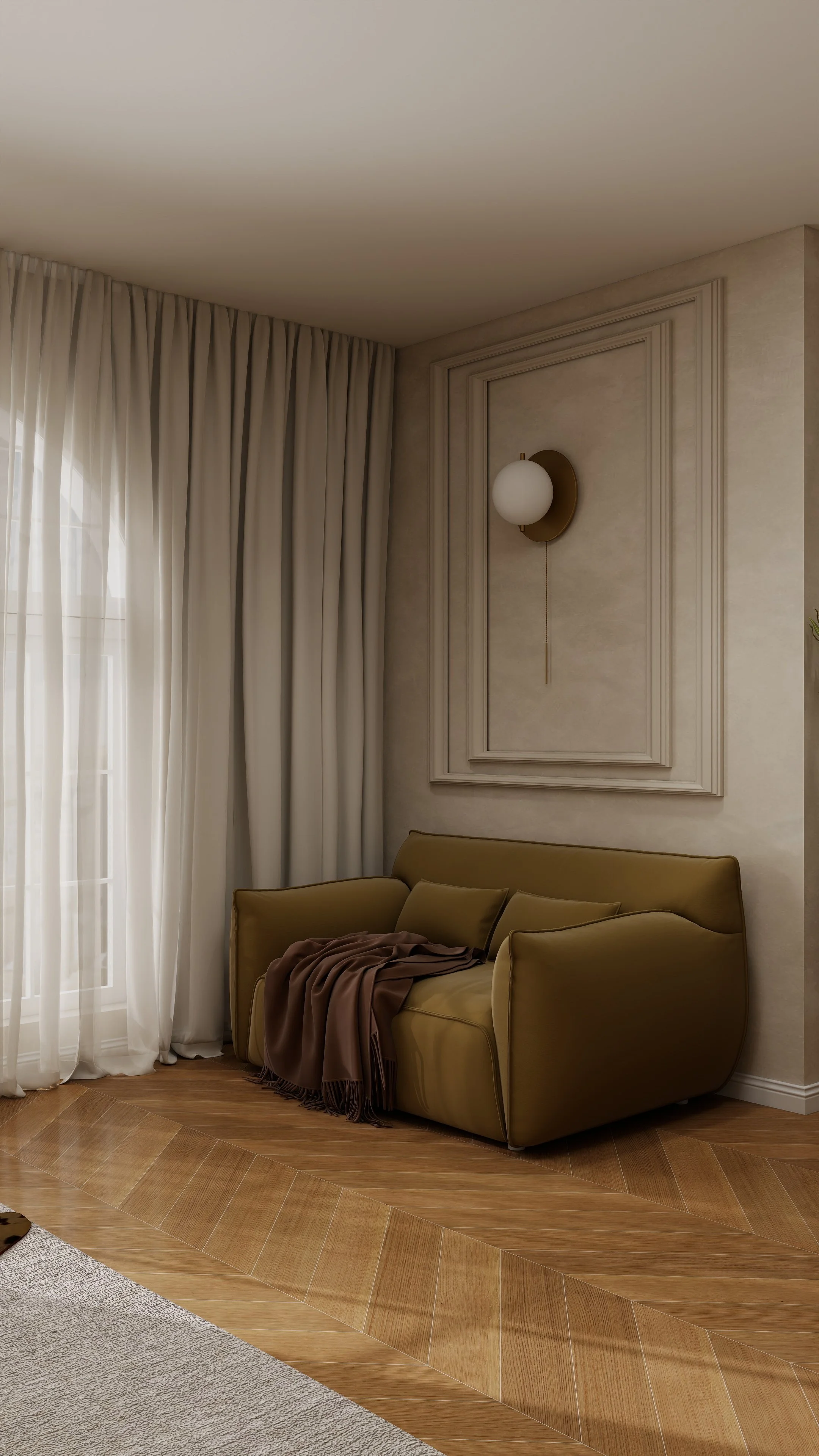 A corner of a room with a sofa, beige curtains on the window, a wall-mounted spherical white lamp, and decorative moldings on the wall.