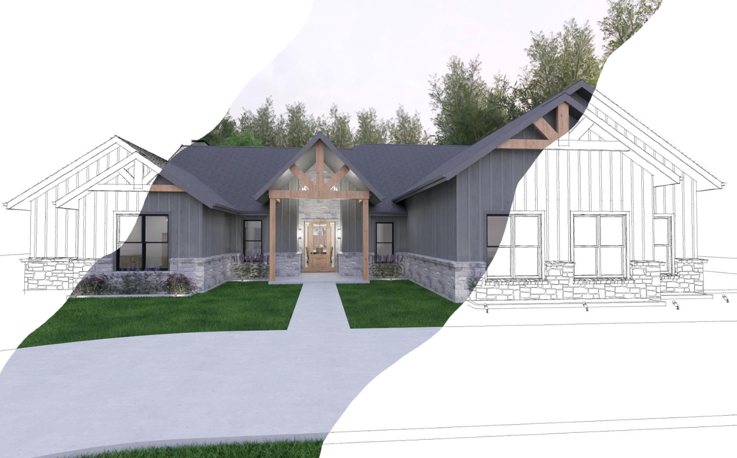 Half of the image shows a color rendering of a house with a front lawn, while the other half shows the black-and-white sketch or blueprint of the same house design.