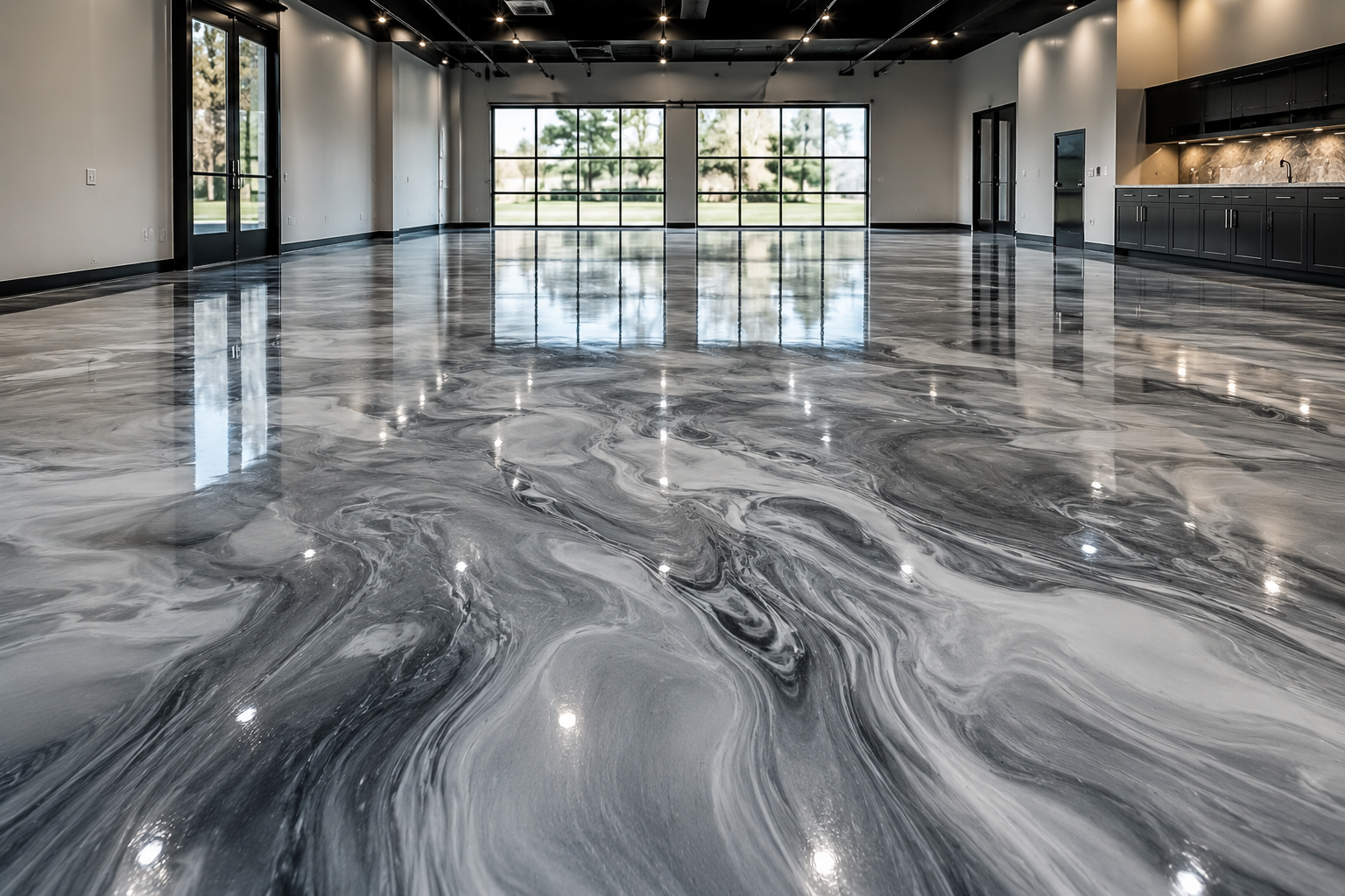 Empty modern room with marble floor, large windows, black cabinets, and ceiling lights.