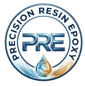 Logo for Precision Resin Epoxy with the text 'PRE' in the center, encircled by the company name, featuring a water drop and color streaks.