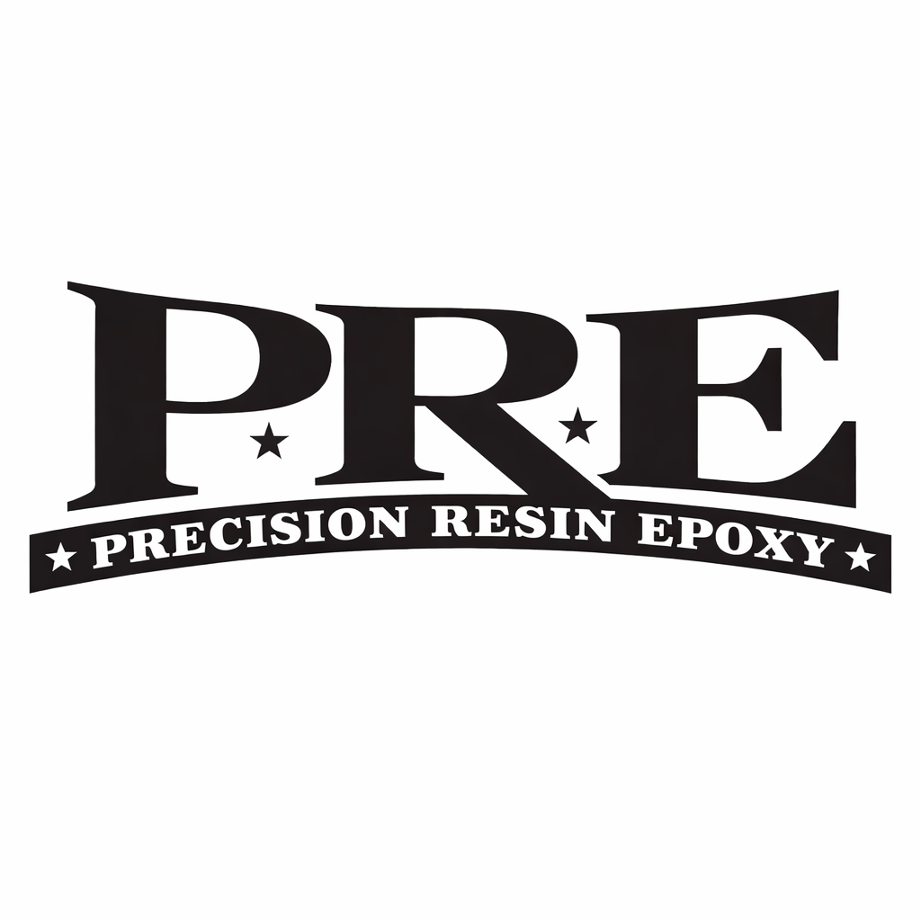 Logo with the text 'PRE' in large bold letters, and 'Precision Resin Epoxy' below it, with stars between the words.