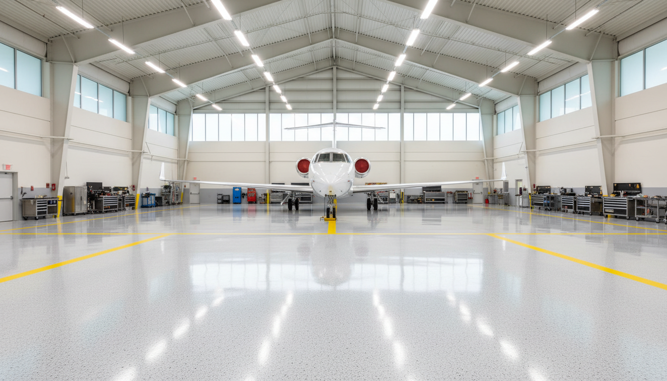 Empty airplane hangar with a white private jet centered and tools along the walls.