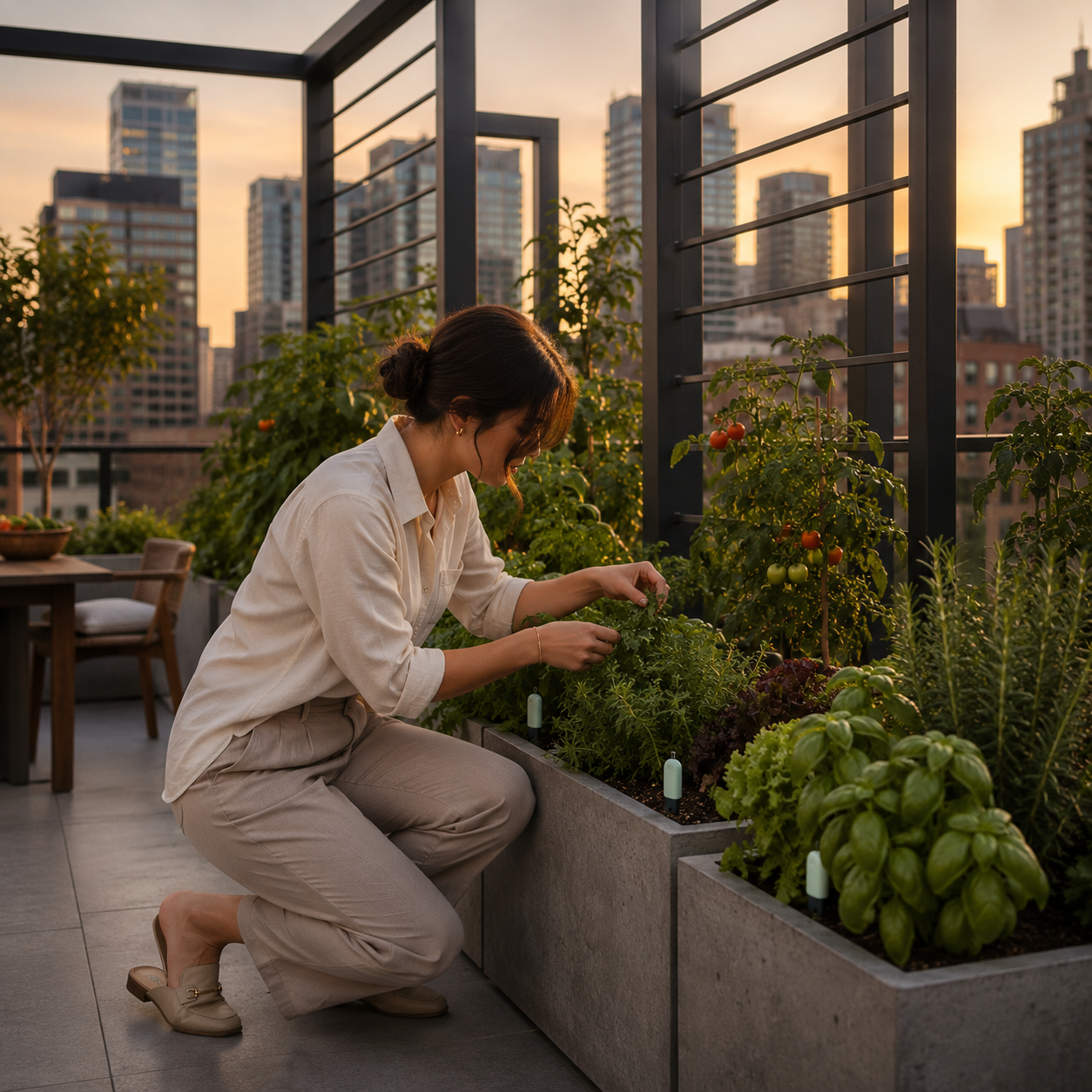 Mulher cuidando de horta residencial com sensores inteligentes para monitoramento das plantas.