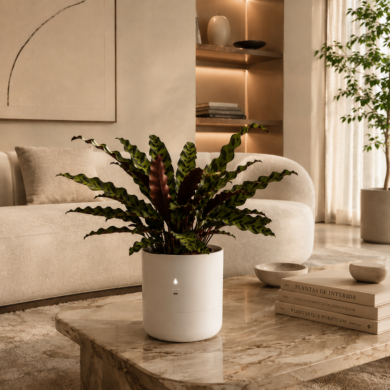 Vaso inteligente com planta de interior integrado à decoração de uma sala de estar.