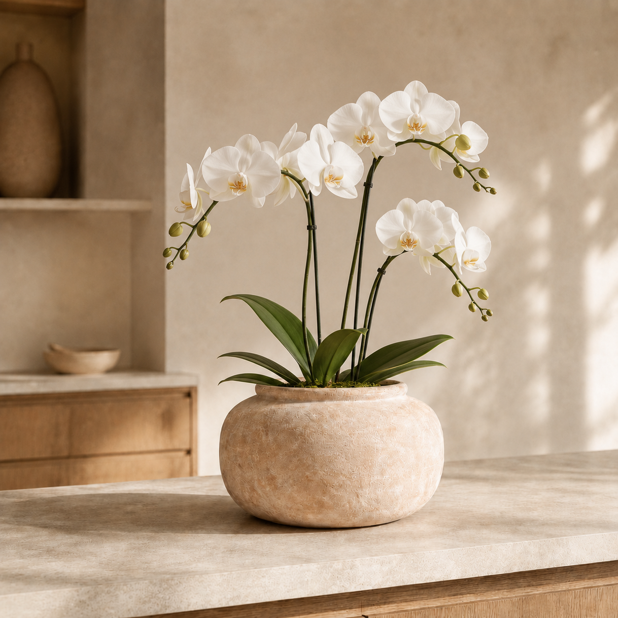 Orquídeas em Vaso de Cerâmica Bege Ouro