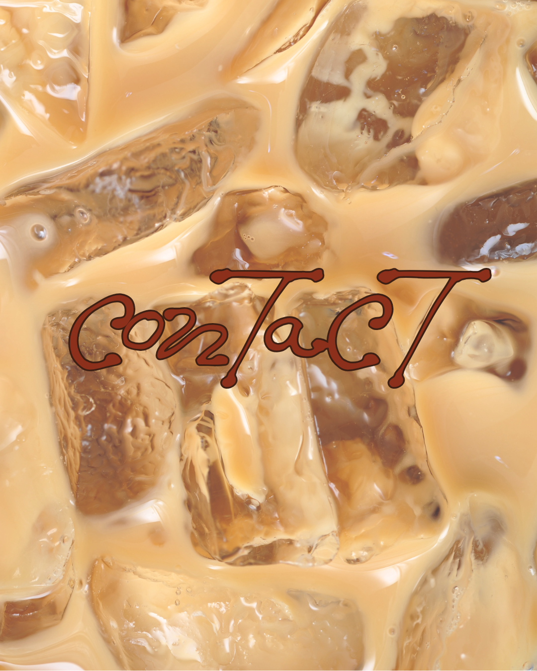 Close-up of iced coffee with milk and ice cubes, with the word 'contact' written across the image.