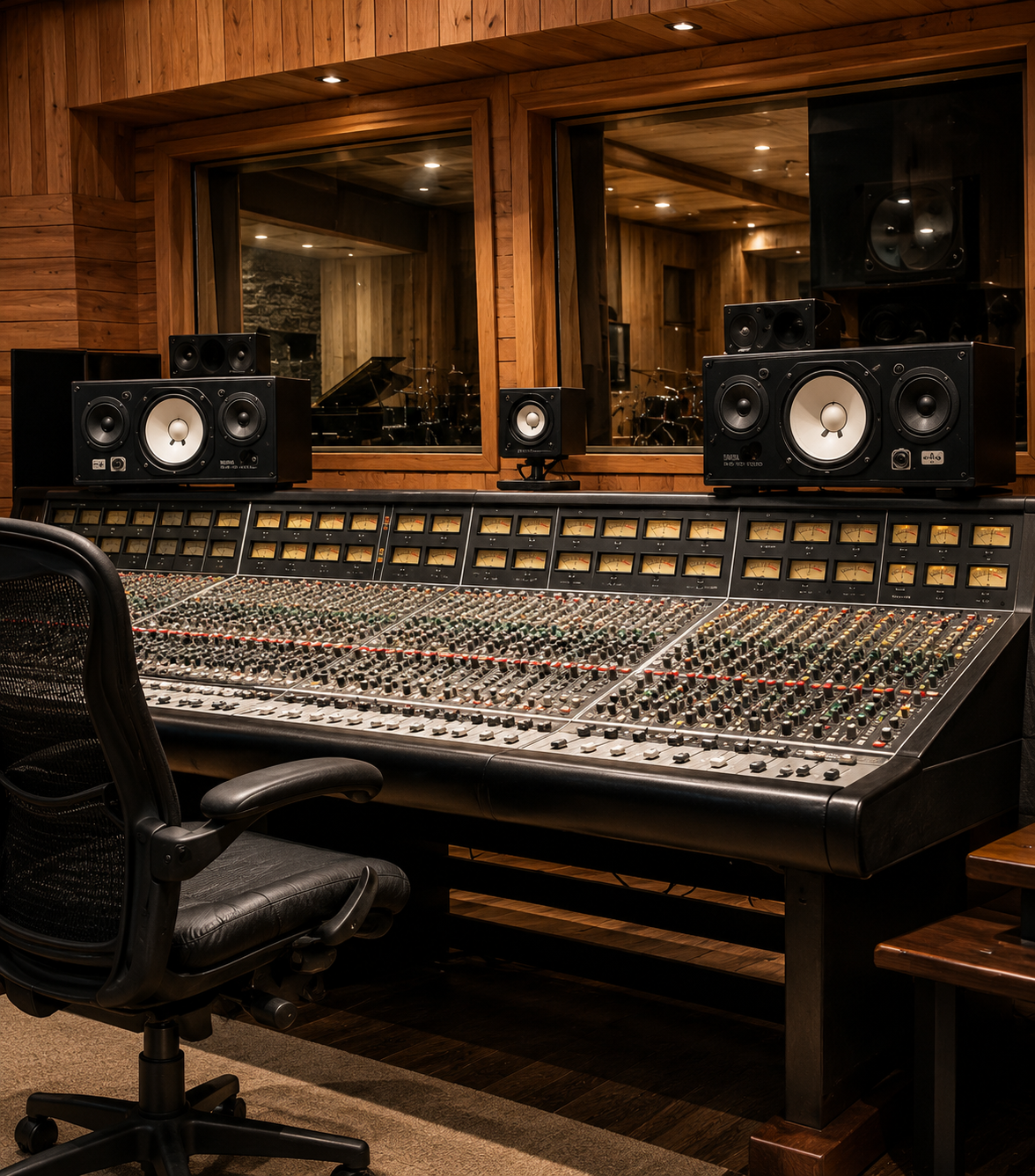 A professional recording studio with a large mixing console, numerous control knobs, and meters. Behind it, there are several speakers and large soundproof glass windows showing a drum set and room beyond for recording music. The room features wooden walls and ceiling.