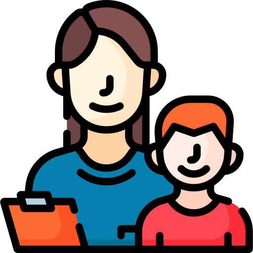 Illustration of a woman and a child smiling, with the woman holding an orange clipboard.