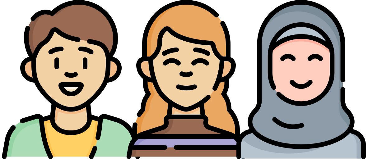 Three people smiling, one with brown hair, one with red hair, and one wearing a hijab.