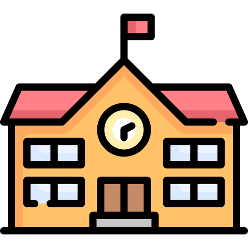 School building with a clock on top and windows on both floors