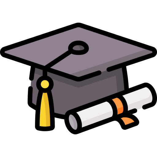Graduation cap with a dangling tassel and a rolled diploma tied with an orange ribbon, symbolizing academic achievement.