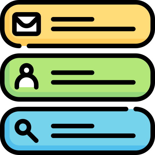 Stylized icons of a yellow email, green contact, and blue search banners.