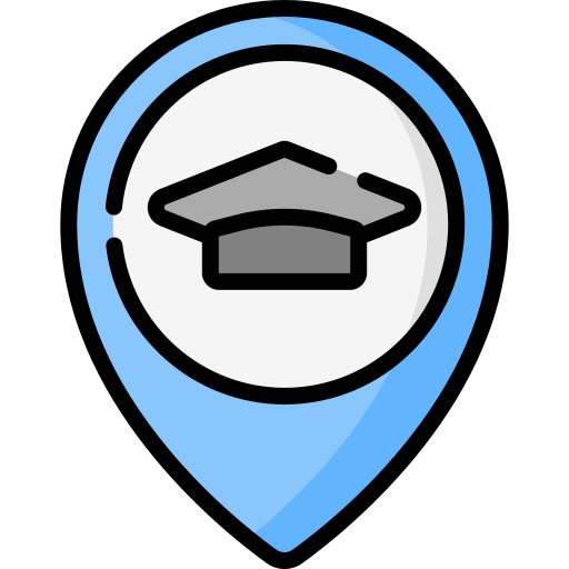Icon of a graduation cap inside a location pin marker.