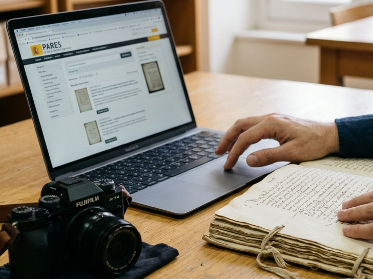 Persona navegando en una computadora portátil en un escritorio de madera, acompañado de una cámara FUJIFILM y un cuaderno con notas manuscritas.