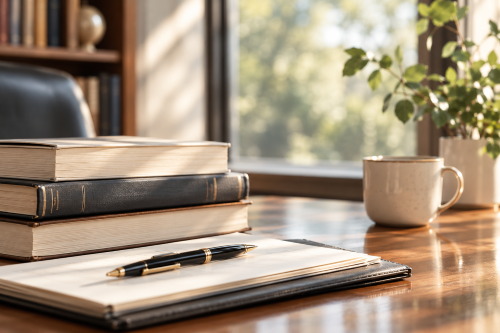 Stack of books, open notebook with black pen, and coffee mug on a sunlit wooden desk
