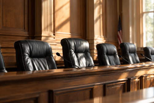 Empty wood-paneled courtroom with leather judge chairs, microphones, and an American flag