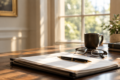 Desk by a sunlit window with an open notebook, pen, eyeglasses, coffee mug, and potted plant