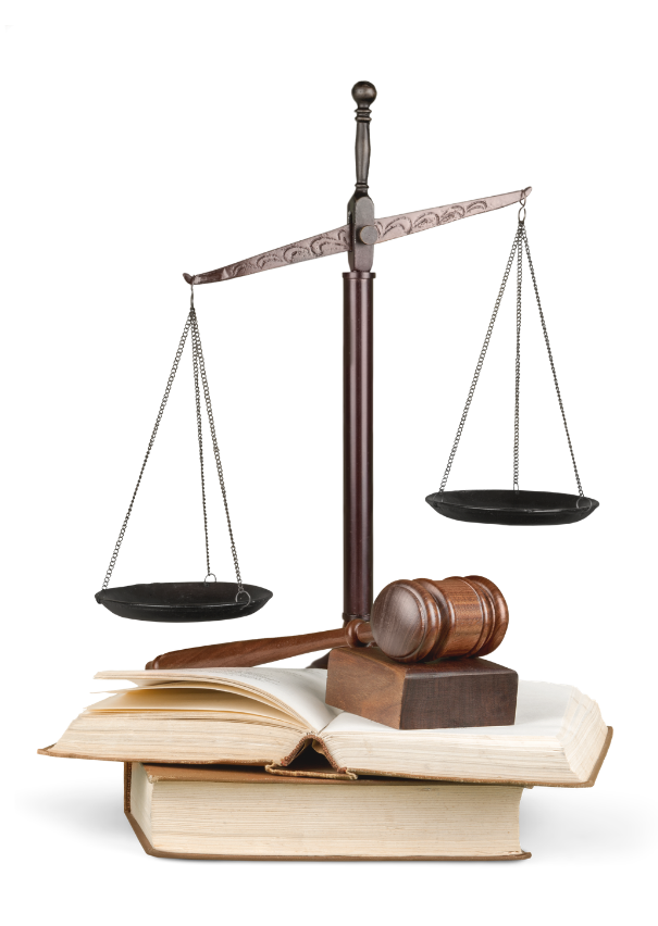 Wooden judge's gavel, scales of justice, and open law books