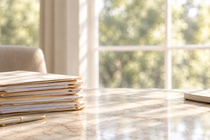 Stack of papers and a gold pen on a sunlit marble desk beside a window
