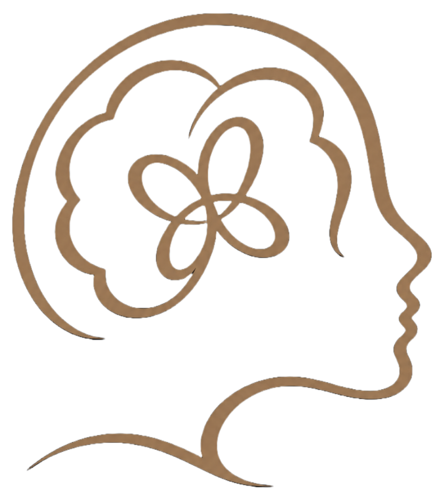 Stylized gold line-art profile of a person head with and a brain and flower-shaped icon within the brain