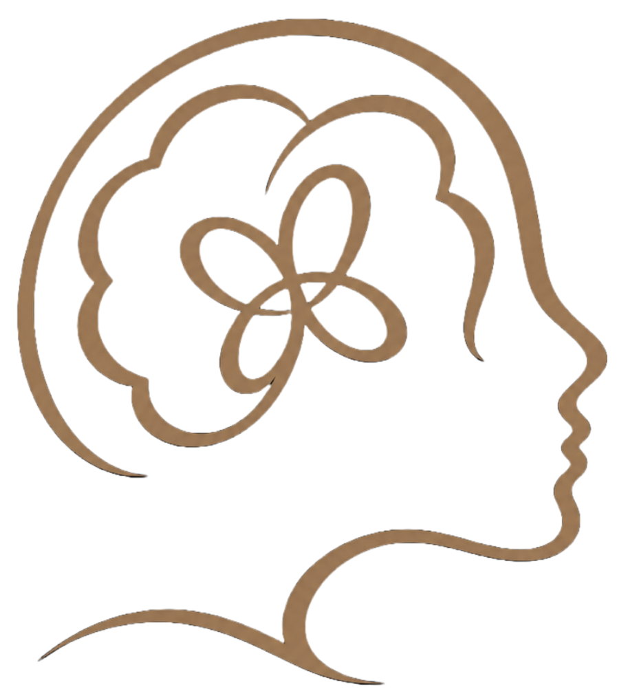 Stylized gold line-art profile of a person head with and a brain and flower-shaped icon within the brain