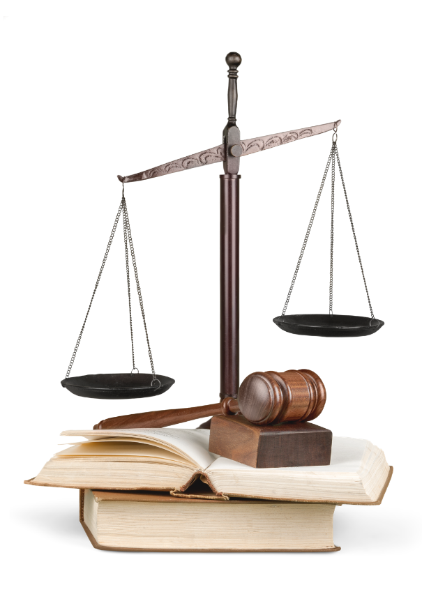 Wooden judge's gavel and scales of justice resting on stacked law books