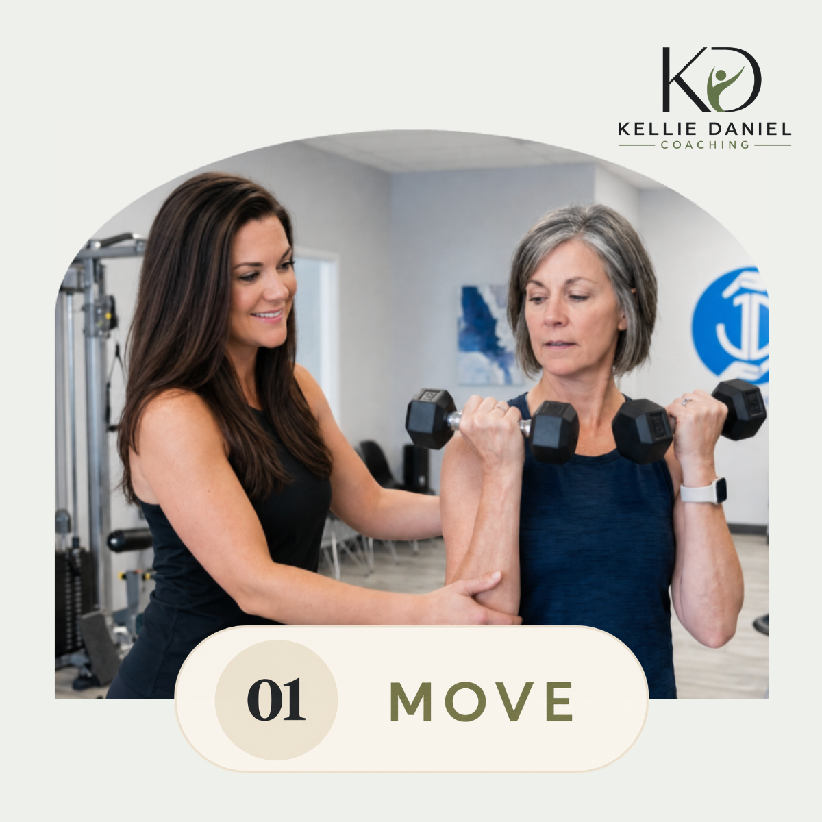 A personal trainer assisting an older woman with weightlifting at a gym.