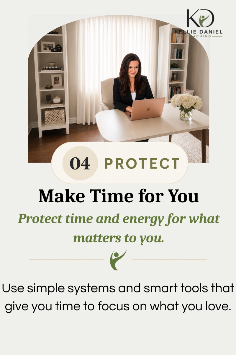 A woman sitting at a desk with a laptop, smiling, in a well-lit room with bookshelves on either side and a vase of white flowers on the desk. The image promotes self-care and protecting personal time.